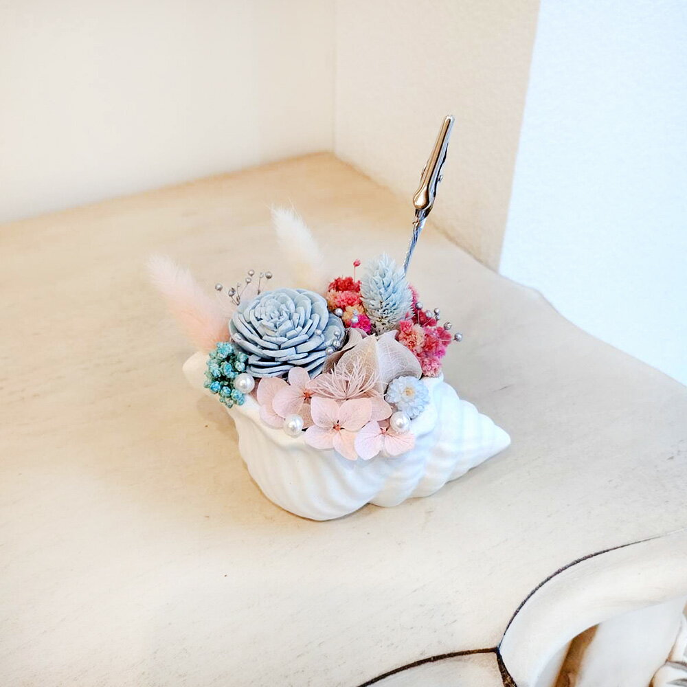 萩蒔花花藝x覓品竹北手作店-乾燥花x永生花創作花盆/海螺造型花器-藍色-附照片夾