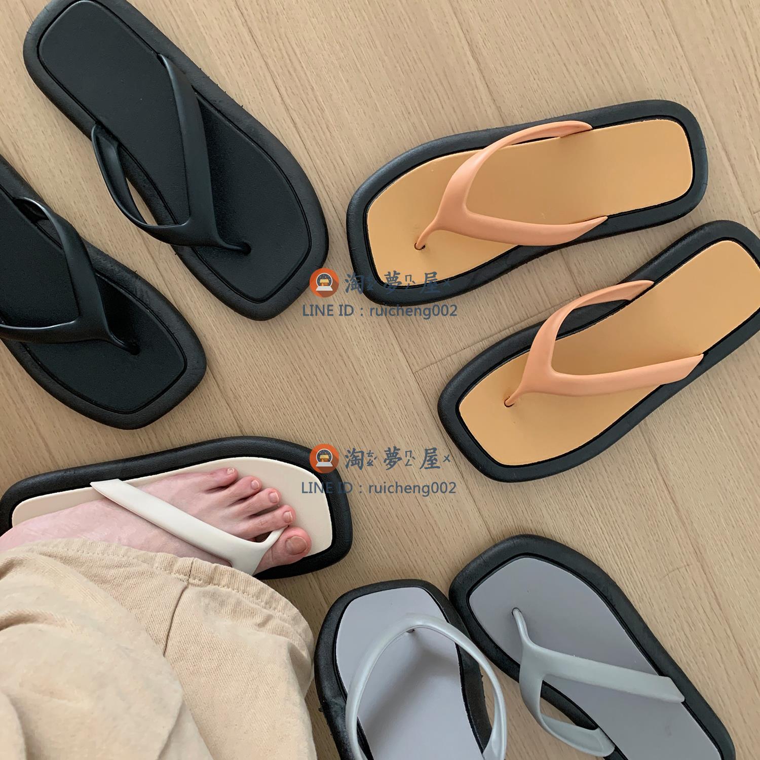 方頭夾腳人字拖 撞色時尚外穿情侶平底沙灘拖鞋女夏季【淘夢屋】