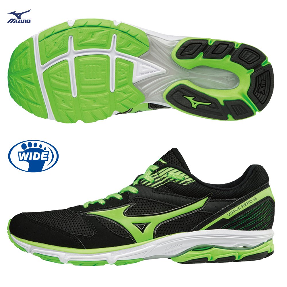 MIZUNO WAVE AERO 16 男鞋 慢跑 路跑 寬楦 耐磨 輕量 緩震 黑 綠 【運動世界】 J1GA173604【APP限定 | 單筆滿799元結帳輸入序號『GT-MEN1906』再折70元】