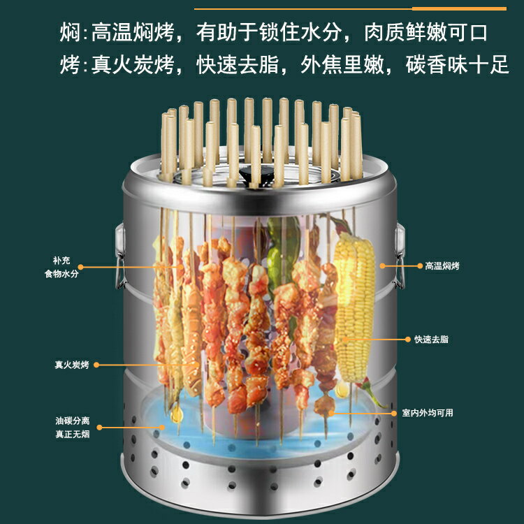 開發票 烤肉燈具 爐具 悶味佳無煙燒烤爐家用燒烤架戶外爐子烤肉串不銹鋼木炭吊爐圓形