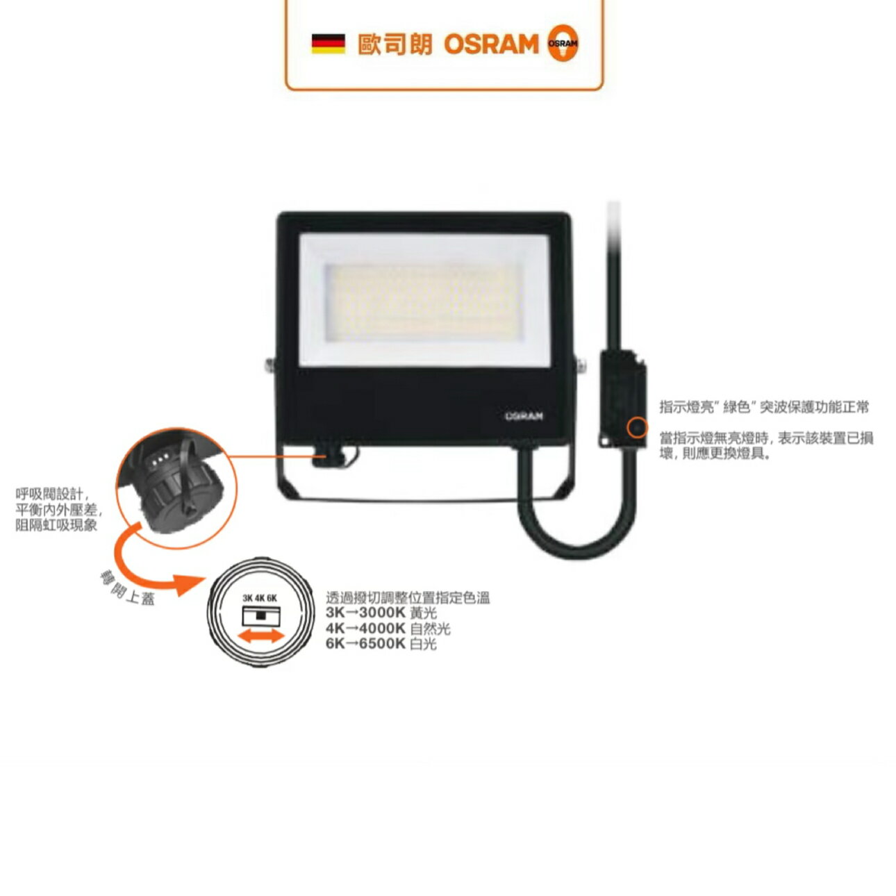 OSRAM 歐司朗 LED 新款 10W 20W 30W 50W 投光燈 撥切控制 手撥變三種色溫 投射燈 探照燈 IP65