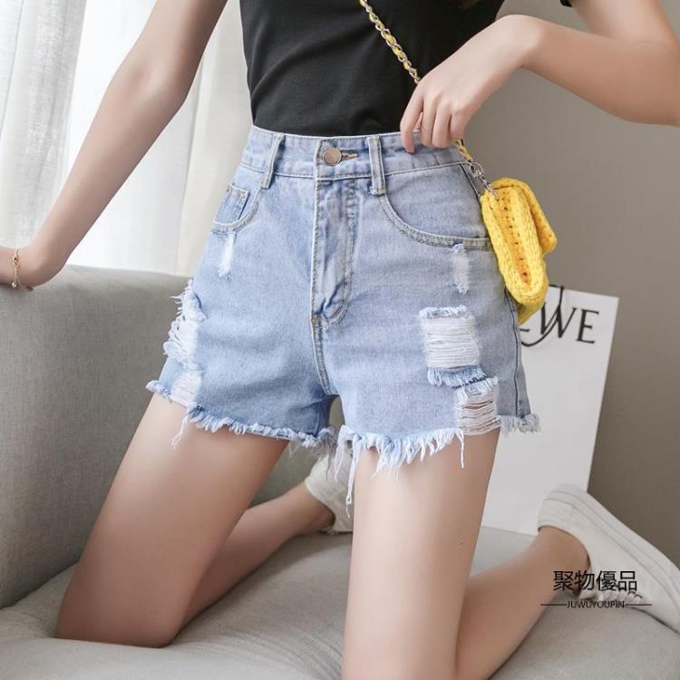 女生牛仔褲推薦，牛仔短褲推薦到牛仔短褲女夏季薄款潮韓版高腰顯瘦破洞寬鬆a字熱褲【聚物優品】