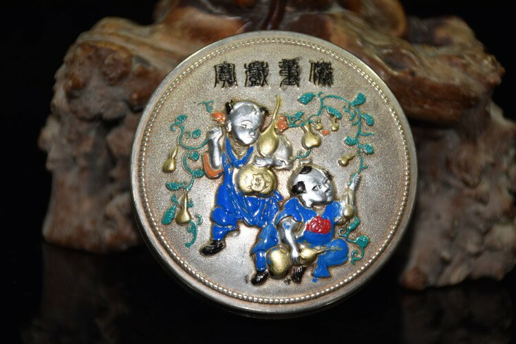藏銀白銅景泰藍雙童戲寶粉盒首飾盒多寶收納墨盒擺件文房用品收藏