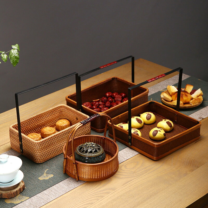席編點心盒提籃鐵藝干果盤復古食盒手工編織餐廳水果籃茶具收納盒