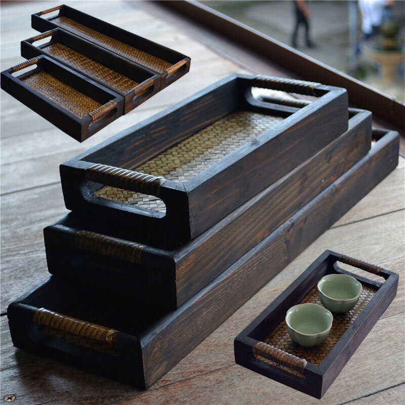 泰國手工竹編托盤茶室小茶盤實木茶托蛋糕水果長方形托盤家用創意
