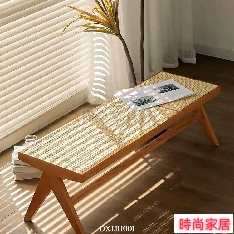 免運 公司貨 復古實木藤編長條餐椅侘寂家用民宿玄關換鞋凳原木昌迪加爾長尾凳長條凳 長凳 換鞋凳/傢俱行特惠/開立發票S1005