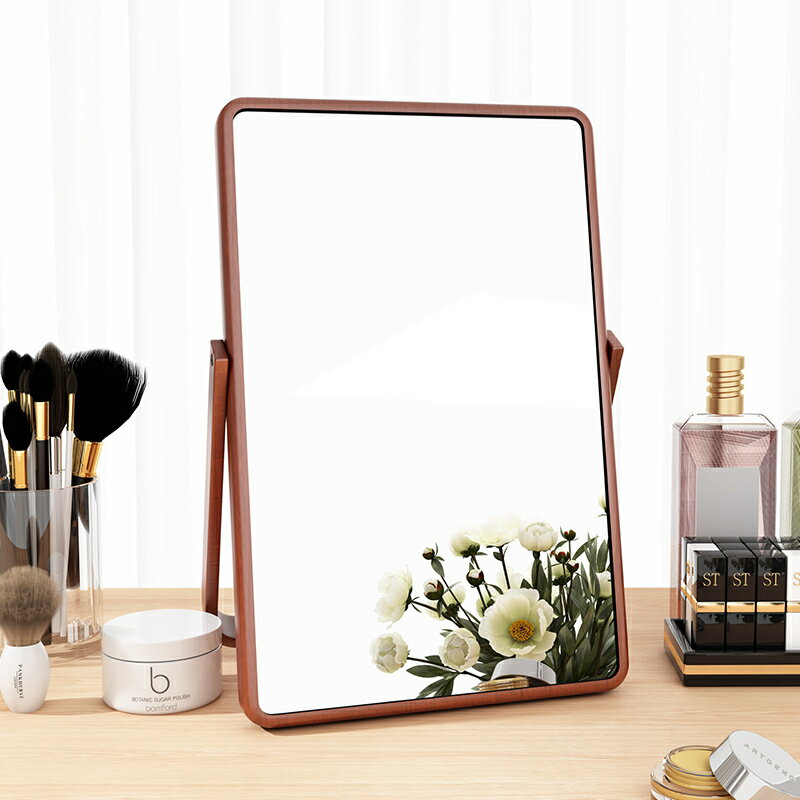 臥室化妝鏡子桌面可折疊ins風梳妝鏡寢室小型鏡子便攜臺式實木鏡