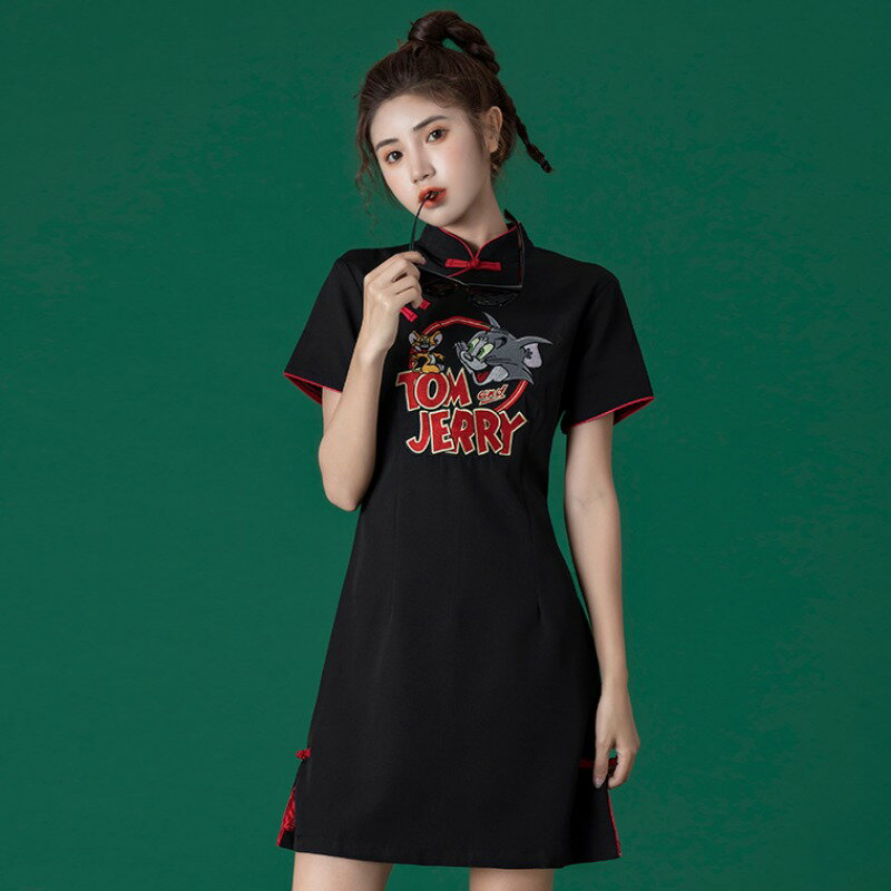 中國風女裝少女文藝復古短袖修身年輕改良版旗袍刺繡連衣裙夏