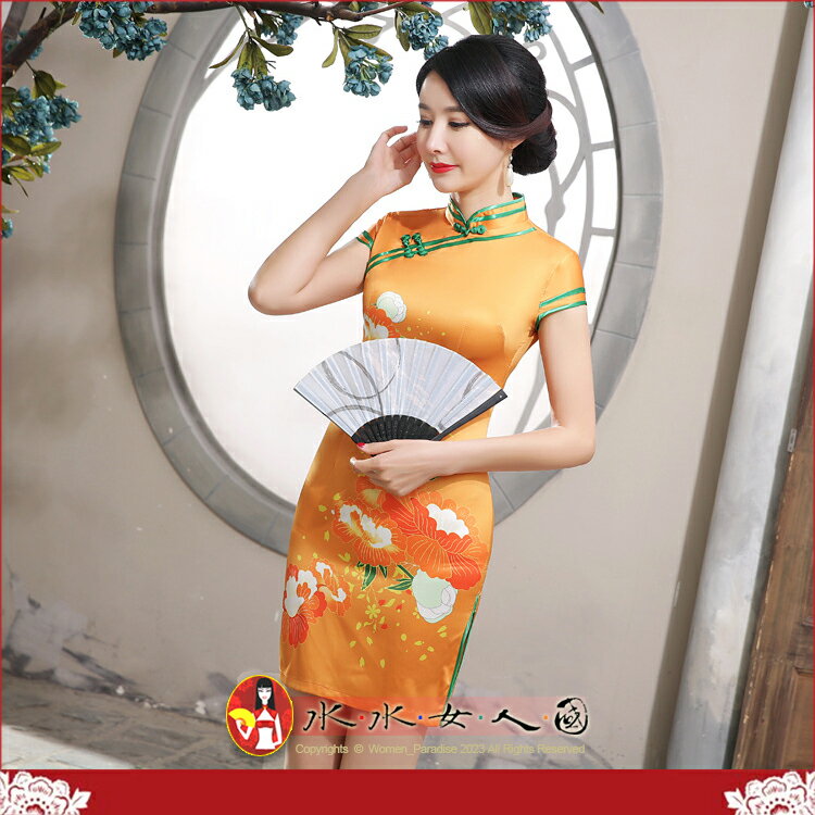 日常旗袍 復古絲綢印花年輕少女短款改良式 修身顯瘦 連身裙洋裝-滿盈-水水女人國