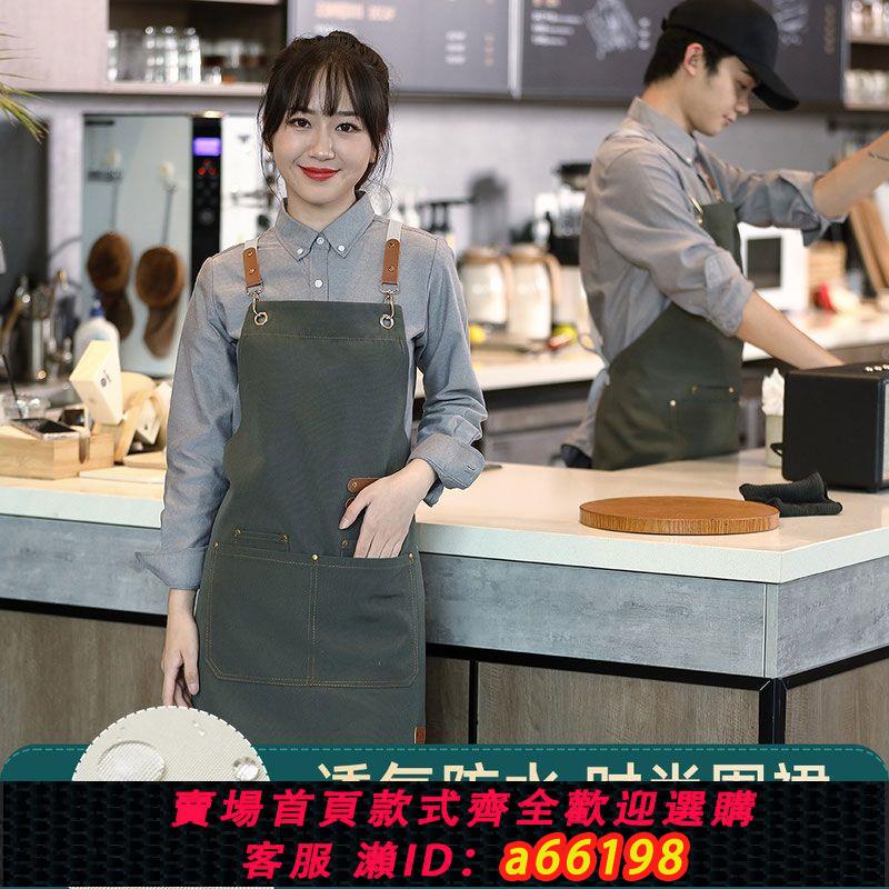 【臺灣公司 可開發票】牛仔圍裙網紅logo印字美甲烘焙咖啡奶茶店理發師帆布防水工作服女