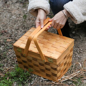 木質編織野餐籃購物籃帶蓋 網紅戶外水果提籃面包筐春游便攜籃子