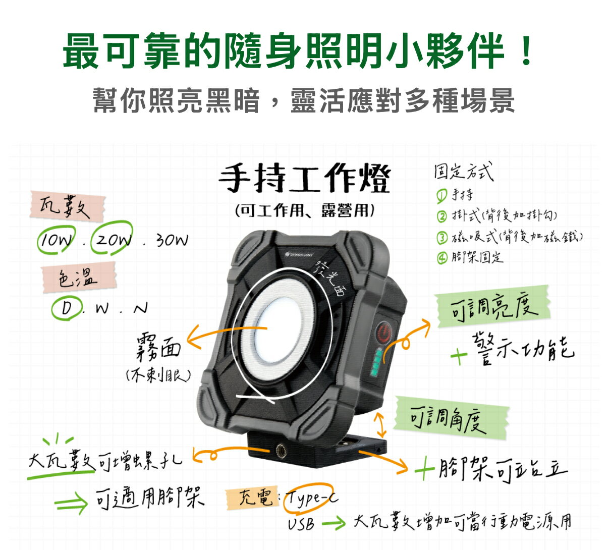 舞光 LED 10W 20W手持工作燈 露營燈 登山燈 探照燈 扣環設計 IP66 USB孔支援type-C充電