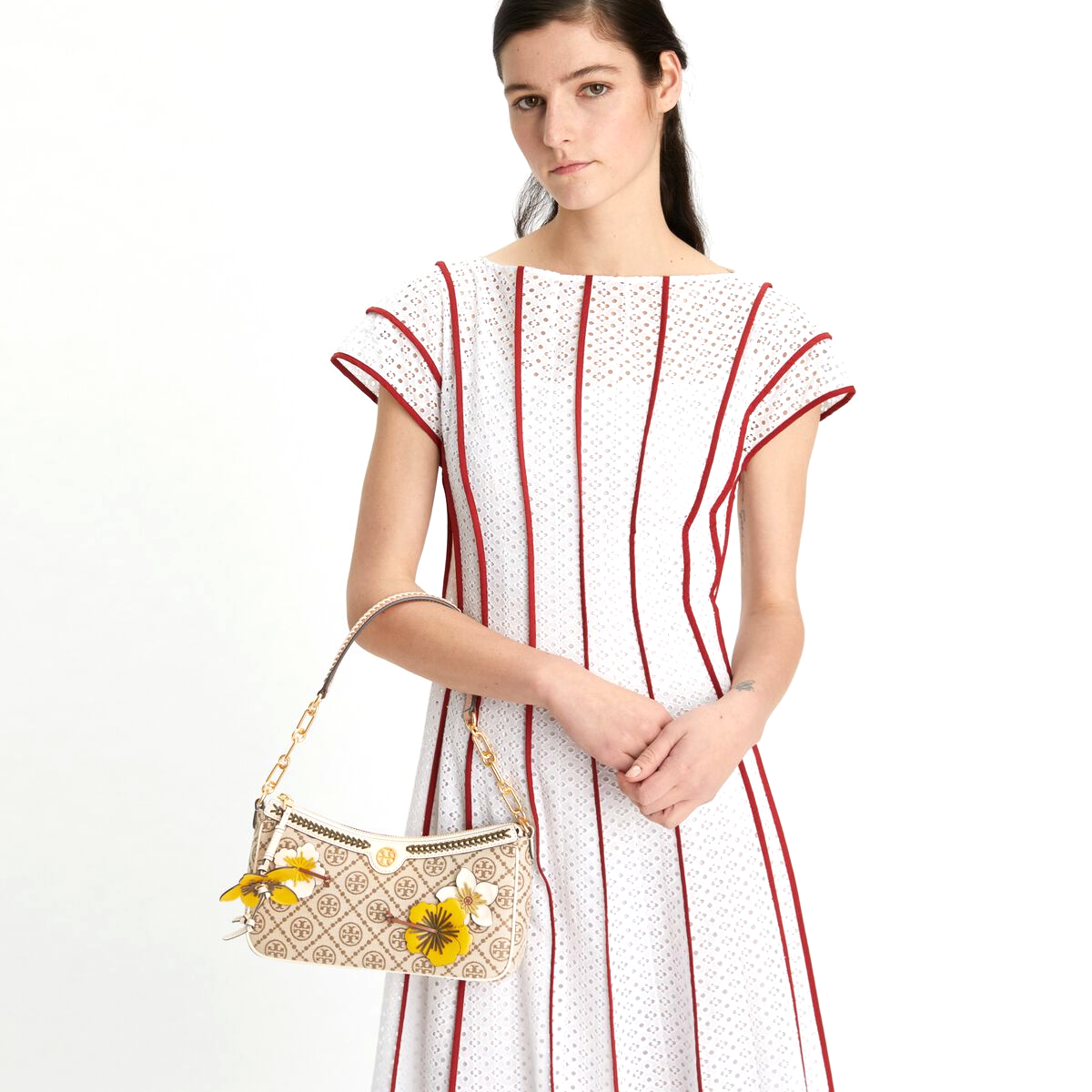 精選☆TORY BURCH 老花滿印拉鍊開合編織提花斜背包88468 (預購
