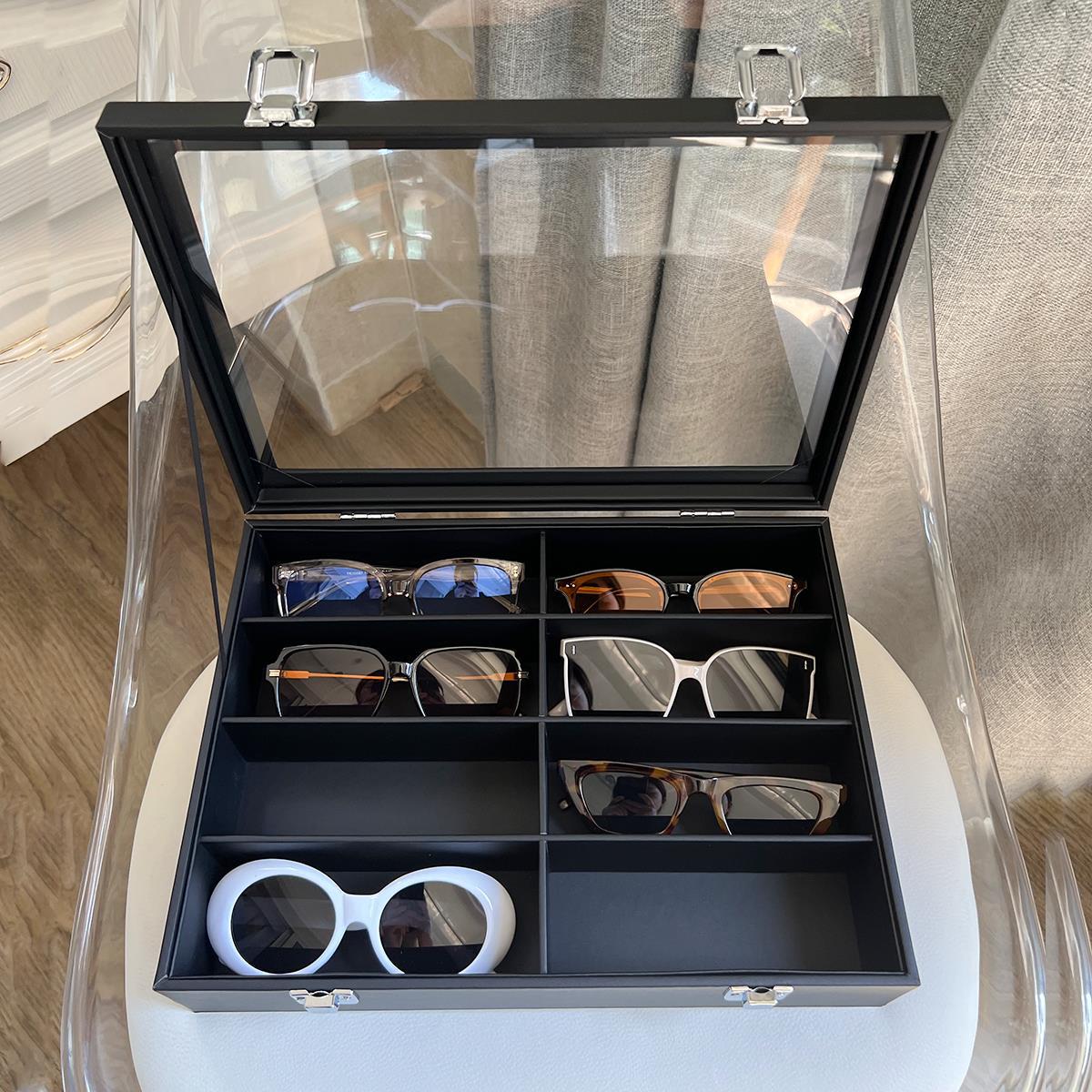 透明玻璃蓋眼鏡收納盒黑色皮質絨布多格大容量太陽墨鏡展示架