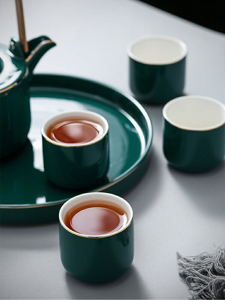 墨綠色茶杯水壺套裝陶瓷茶具帶托盤茶壺水具家用簡約高檔待客送禮 2