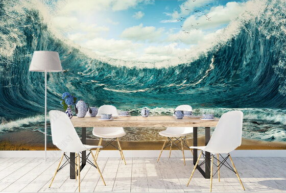 北歐手繪抽象藝術壁紙海浪風景畫客廳臥室電視背景墻大海沙灘墻布