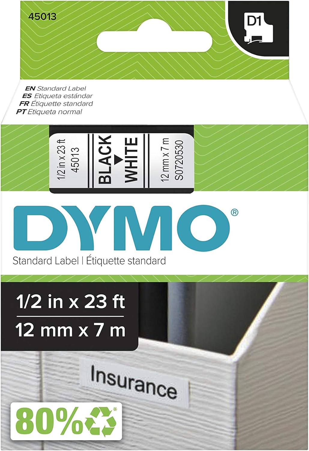 [o美國直購] DYMO 45013 Labeling Tape 1/2 inch x 23' Black Print on White Tape D1 Label Cassette 標籤紙