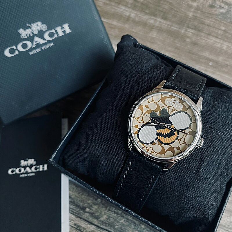 美國百分百【全新真品】 COACH W1546 蜜蜂C 指針錶 蜜蜂圖騰 皮革錶帶 時尚腕錶 精品 LOGO AA22