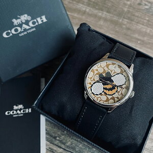 美國百分百【全新真品】 COACH W1546 蜜蜂C 指針錶 蜜蜂圖騰 皮革錶帶 時尚腕錶 精品 LOGO AA22