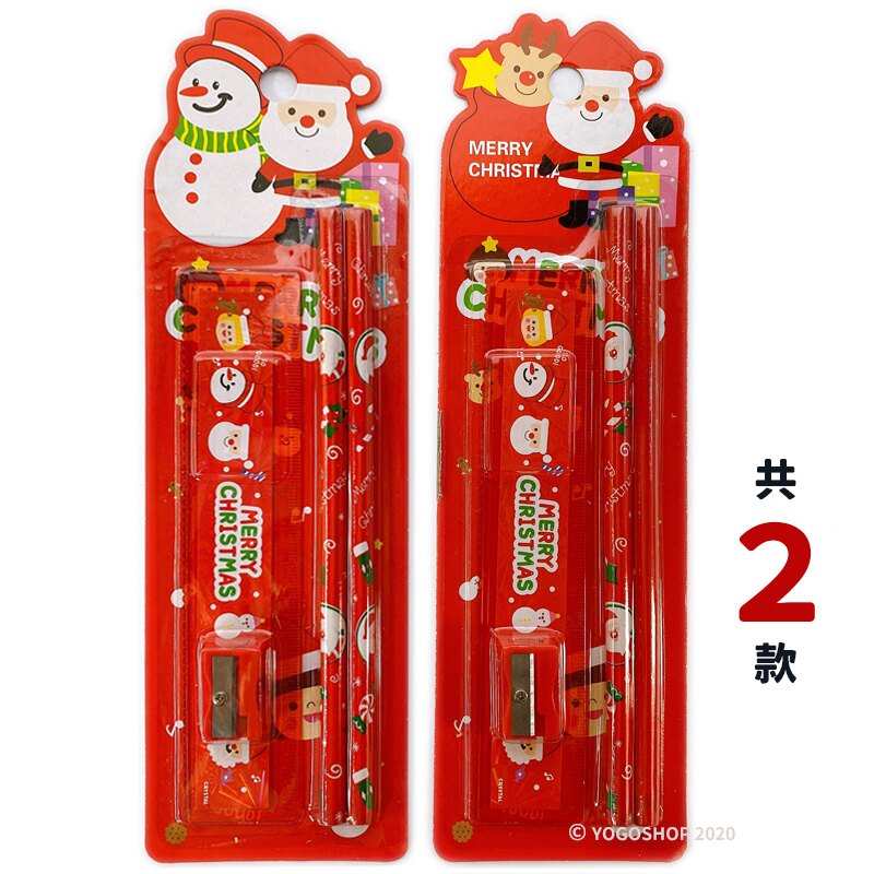 聖誕節文具組 4件組 /一卡入(定20) 聖誕文具 超值文具組 鉛筆 直尺 削筆器 聖誕節 交換禮物 贈品-AA6717