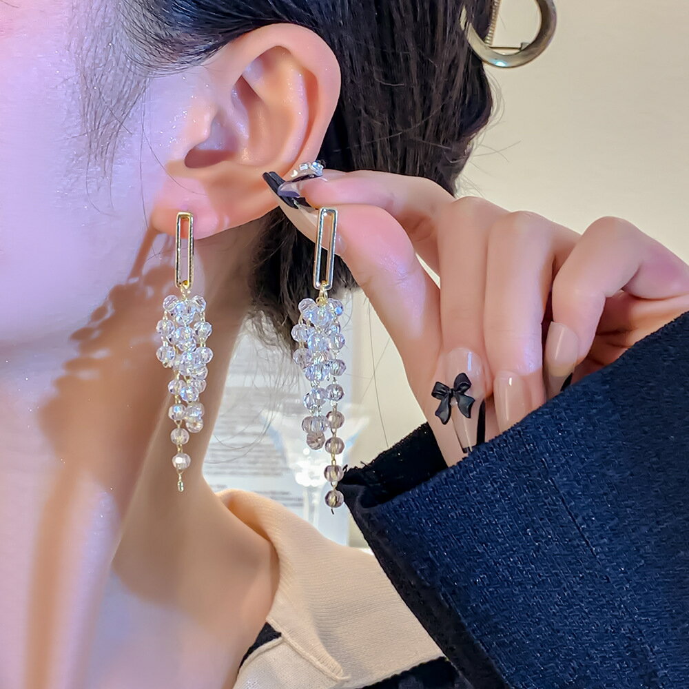 925銀針韓國氣質幾何流蘇耳釘女個性水晶串珠耳環小眾設計感耳飾