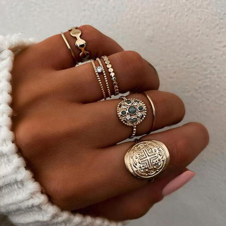 波西米亞風格中指戒指套裝女士鏤空心形蛇形戒指時尚珠寶新款