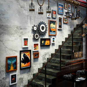 酒吧復古懷舊工業風餐廳飯店樓梯背景墻齒輪照片相框墻面裝飾壁掛
