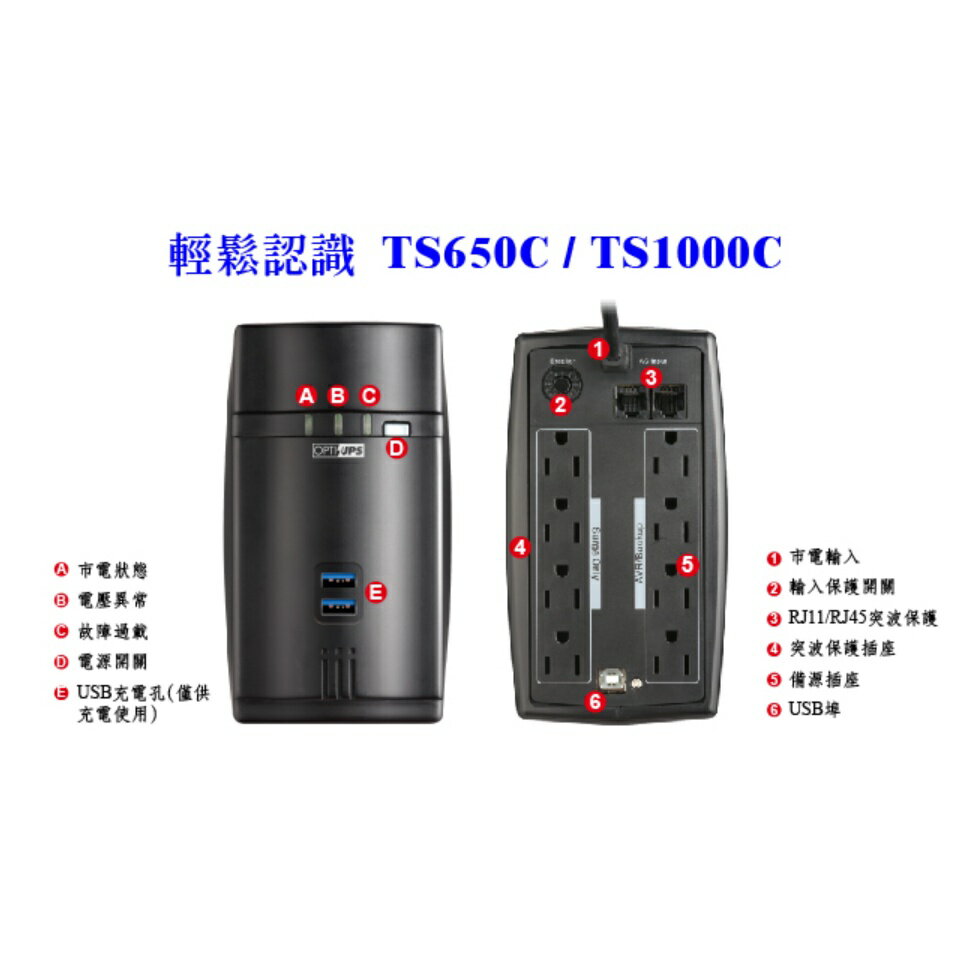 OPTI-UPS TS650C 節約型 在線互動式 online 不斷電系統 防雷擊突波 USB充電埠 1