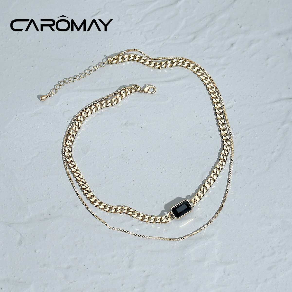 CAROMAY潮酷方鋯雙層項鏈女潮網紅氣質簡約鎖骨鏈chic個性短頸鏈 1