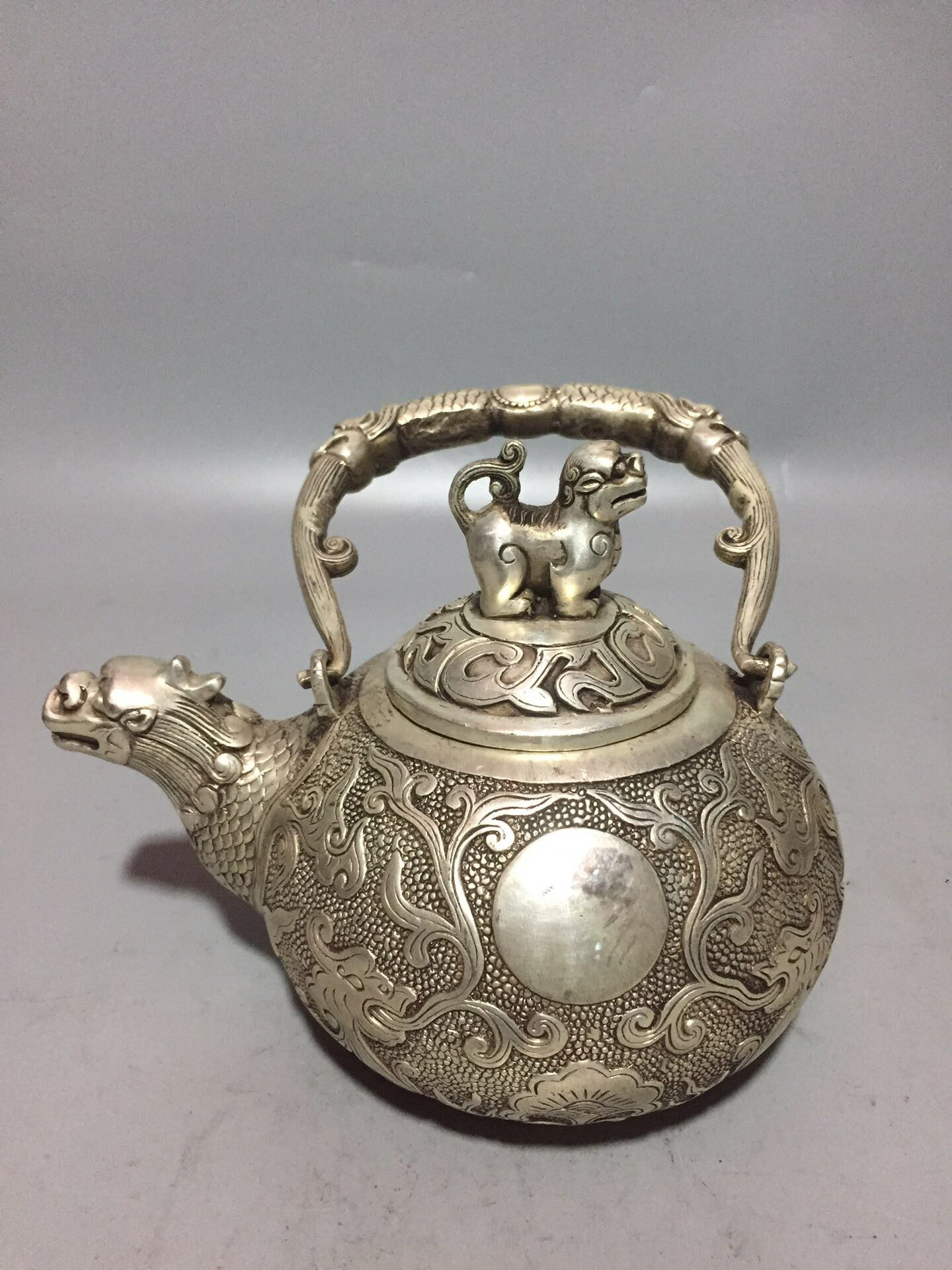 銅器收藏白銅擺件商務禮品古銅色鎏金水壺雙龍獅子新品 手提