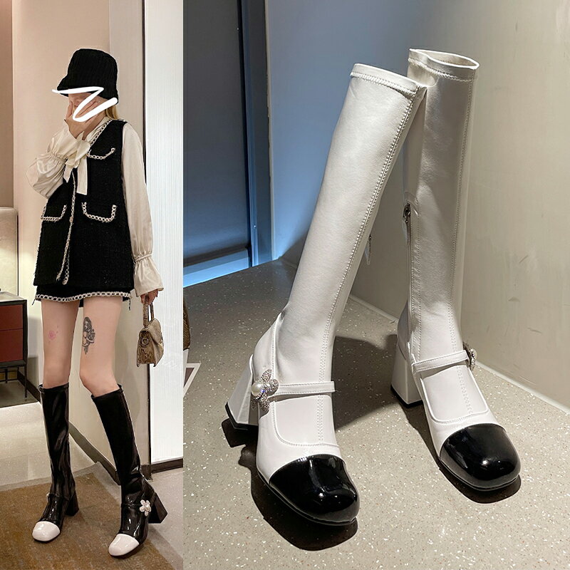 韓版長筒靴女2021秋季新款歐美風顯瘦粗跟高筒靴百搭時尚騎士靴潮