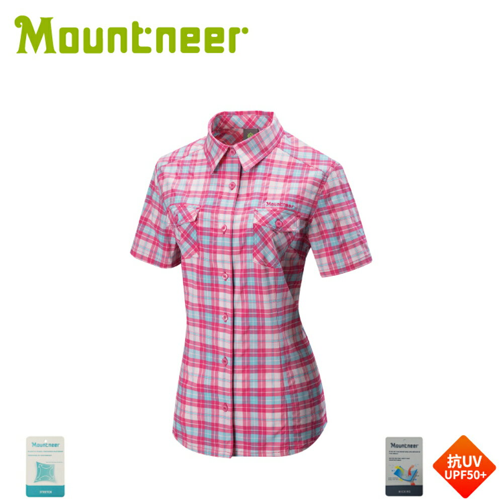 【Mountneer 山林 女 彈性抗UV格子襯衫《深桃紅》】31B02/短袖襯衫/防曬短袖/抗UV/戶外