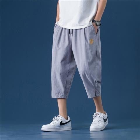 夏季薄款棉麻褲男|大尺碼40-110公斤男裝七分褲|寬鬆直筒褲休閒沙灘褲子男百搭潮流短褲韓係穿搭韓版衣服大尺碼