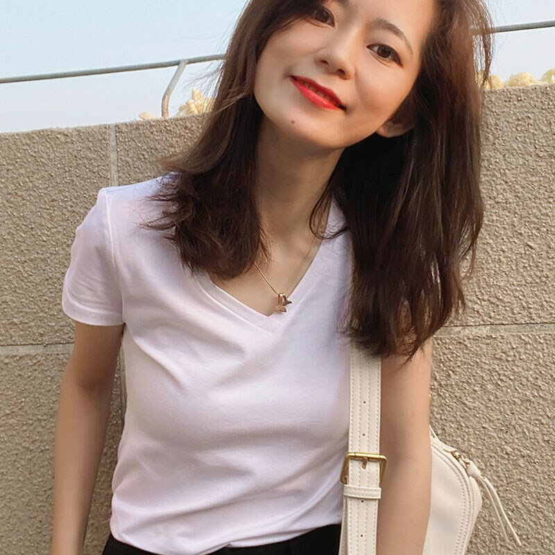 白色t恤女短袖年新款修身純棉上衣春夏季顯瘦V領圓緊身打底衫 2