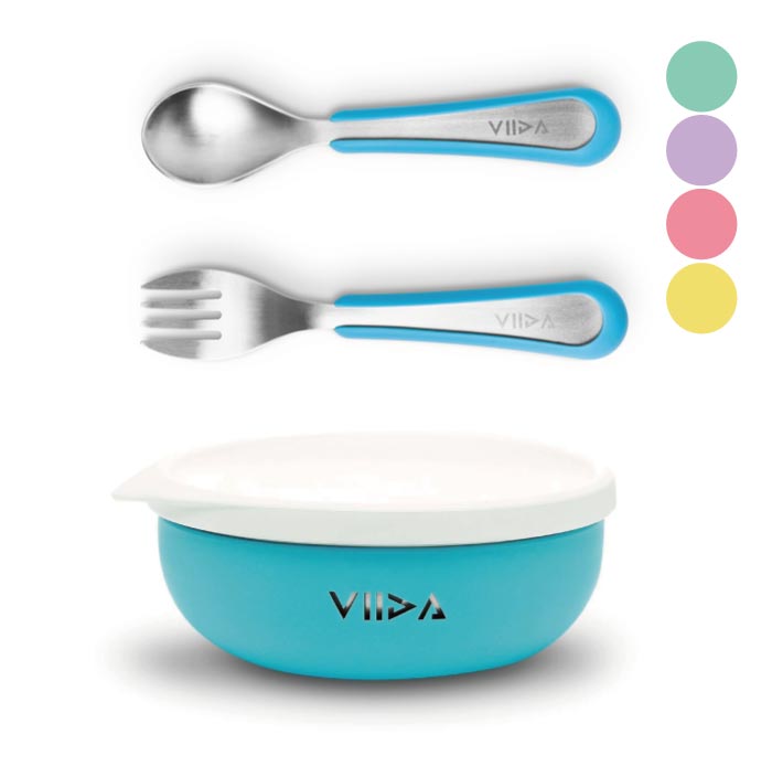 台灣 VIIDA Soufflé 抗菌不鏽鋼餐碗+大童叉匙組(5色可選)