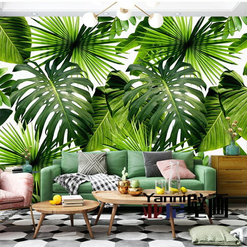 客廳電視背景墻裝飾壁紙北歐墻紙墻布熱帶雨林植物壁畫3d立體壁布 2
