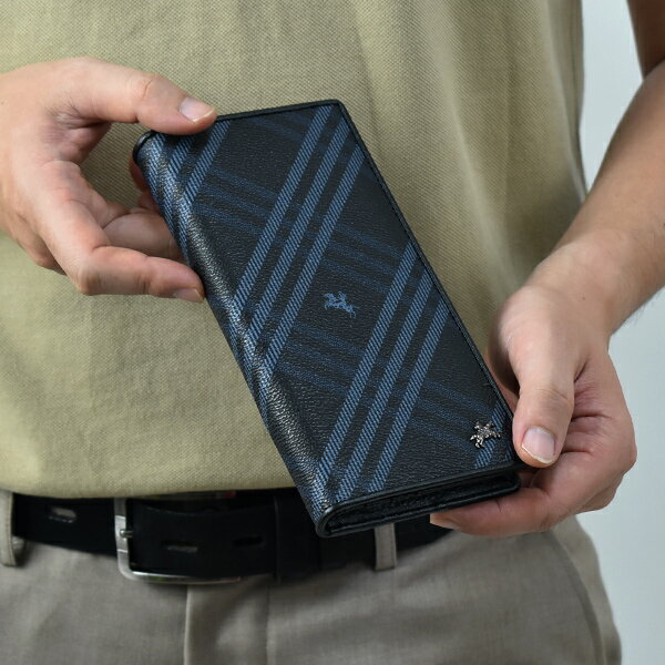 真皮長夾 黑藍格騎馬LOGO皮夾【NWD64】