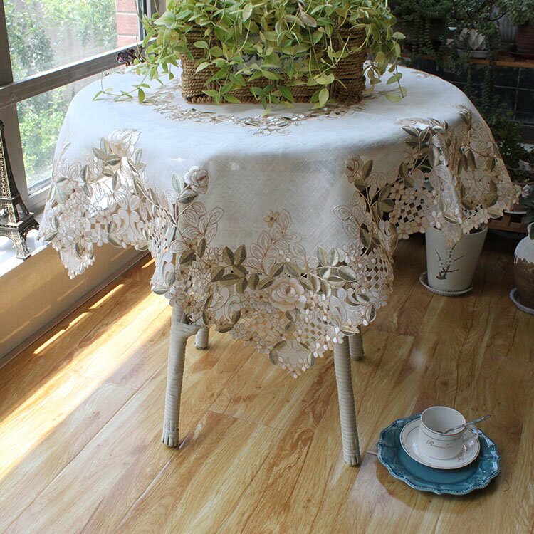 歐式簡約現代刺繡花卉蕾絲餐桌布陽臺小桌布洗衣機床頭柜防塵蓋布