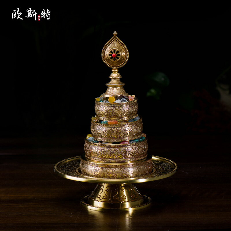 藏族曼扎盤 佛教佛堂供品曼茶羅帶托盤銅雕刻金剛杵八吉祥供具