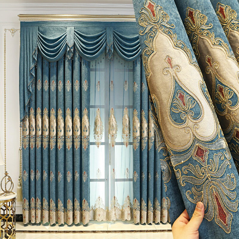 高檔歐式繡花窗簾2022年新款遮光北歐簡約臥室客廳大氣雪尼爾窗簾