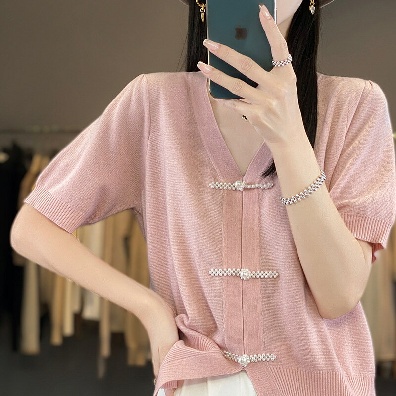 現貨+預購 針織外套短袖針織衫-修身釘珠盤扣羊毛女外套3色74lc52【獨家進口】【米蘭精品】