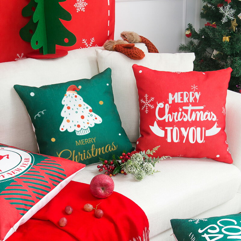 圣誕抱枕客廳沙發靠墊靠背辦公室汽車護腰棉麻靠枕套正方形枕頭
