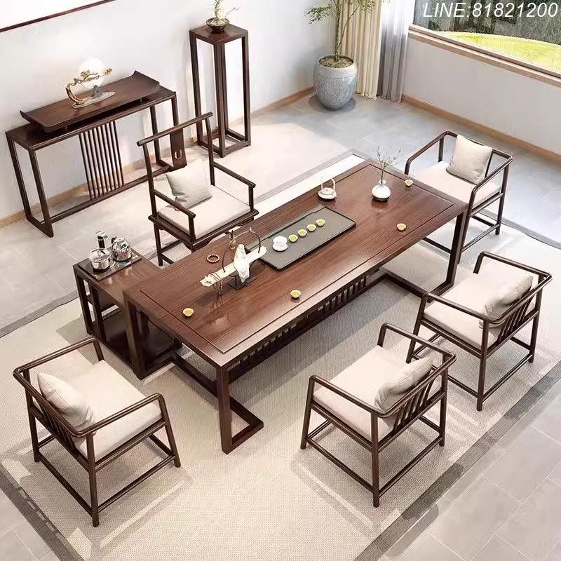 餐桌椅組 茶桌椅組 會議桌椅 洽談桌椅 免運/開立發票 新中式實木茶桌椅組合原木仿古茶幾功夫泡茶桌茶臺客廳禪意大板桌 快速出貨