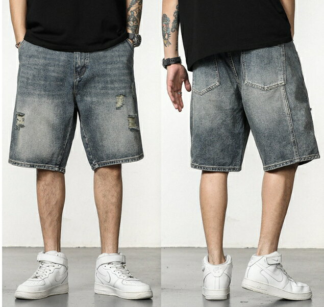 大尺碼男裝 刷破牛仔短褲 大尺碼牛仔褲 破洞五分褲 薄款褲潮 短褲 櫻桃嚴選 34~44腰 男潮服 寬鬆百搭 大碼短褲