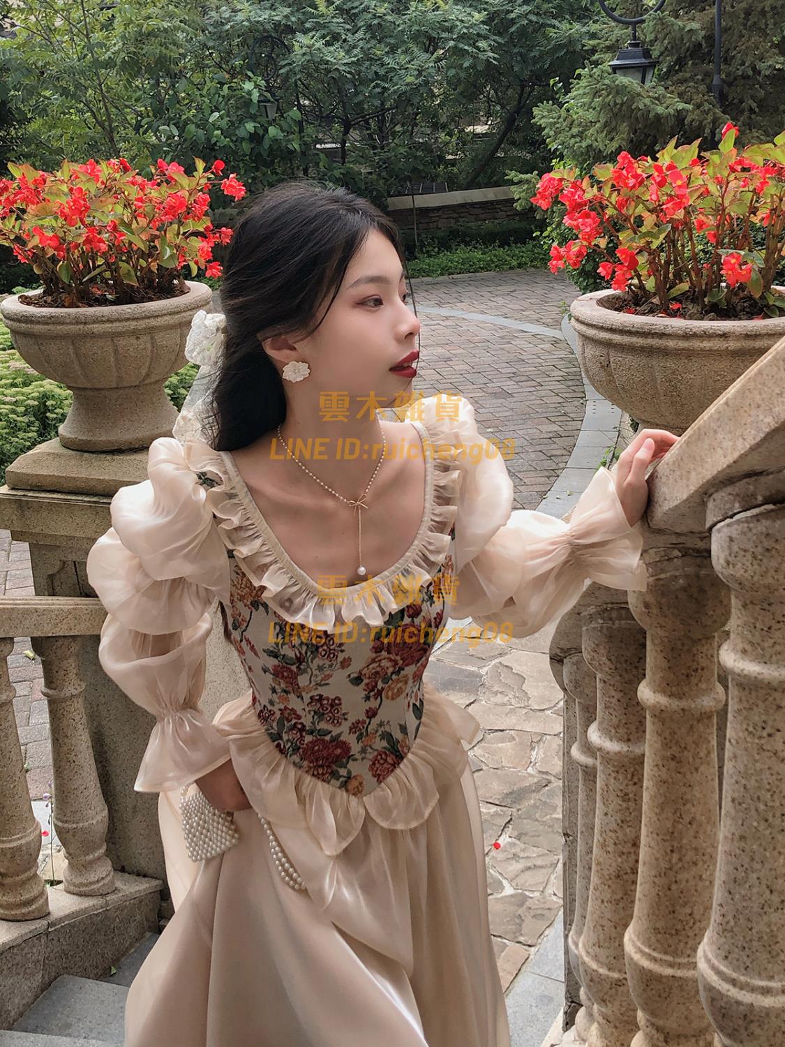 春季法式復古宮廷風圓領泡泡長袖公主連衣裙 仙女長裙小眾【雲木雜貨】