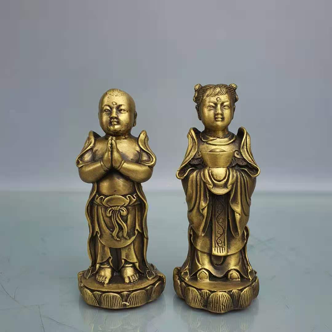 純銅金童玉女擺件黃銅善財童子元寶龍女佛像一對客廳家居裝飾擺設