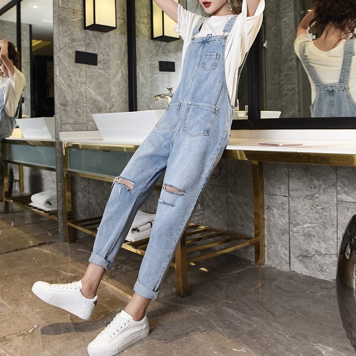 女生牛仔褲推薦，牛仔吊帶褲推薦到FINDSENSE G6 2019 韓國潮流 新款時尚 春夏新款牛仔背帶褲寬鬆顯瘦破洞女長褲九分褲學生吊帶褲