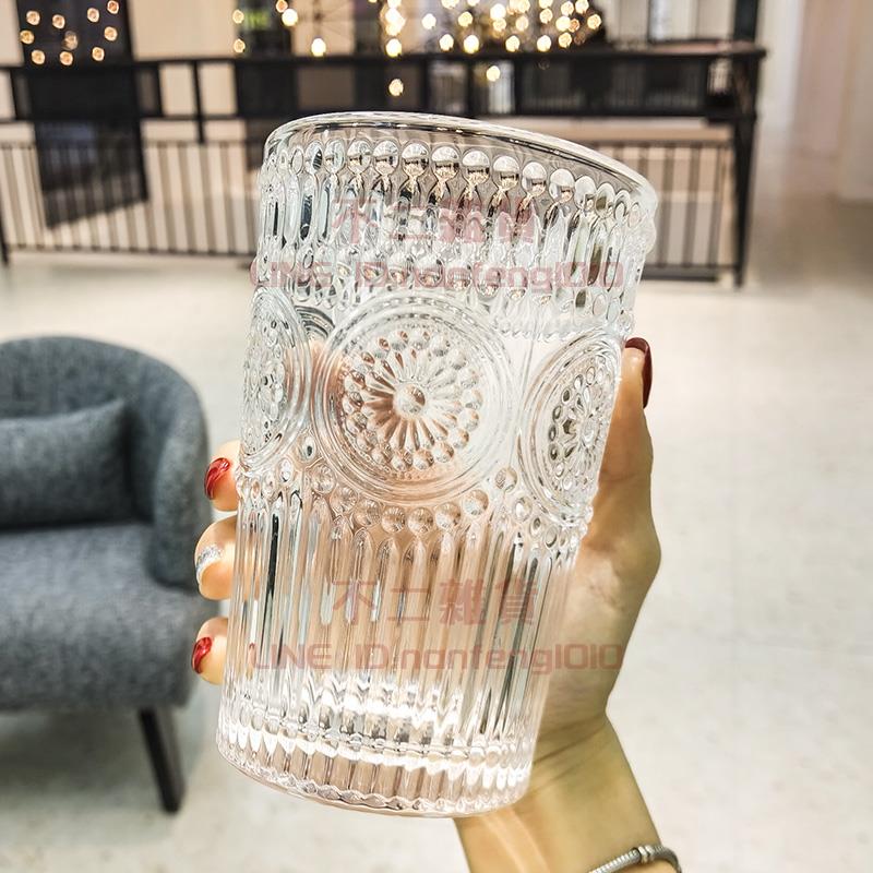 水杯復古浮雕玻璃杯女咖啡杯冷飲杯金邊家用杯子【不二雜貨】