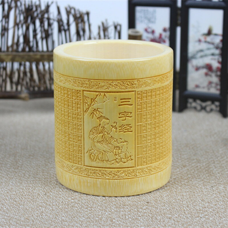 包郵天然竹制筆筒創意竹雕筆筒木質復古筆筒收納展示陳列用品筆筒