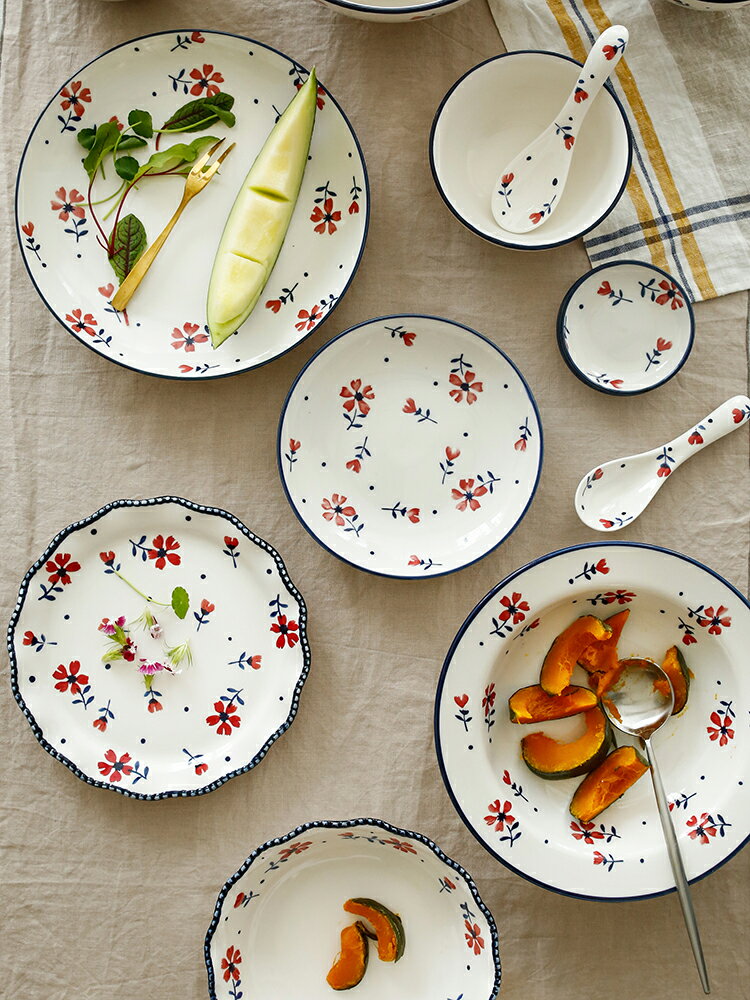 藍蓮花創意陶瓷碗湯盤深盤家用米飯碗面碗湯碗菜盤魚盤平盤沙拉碗